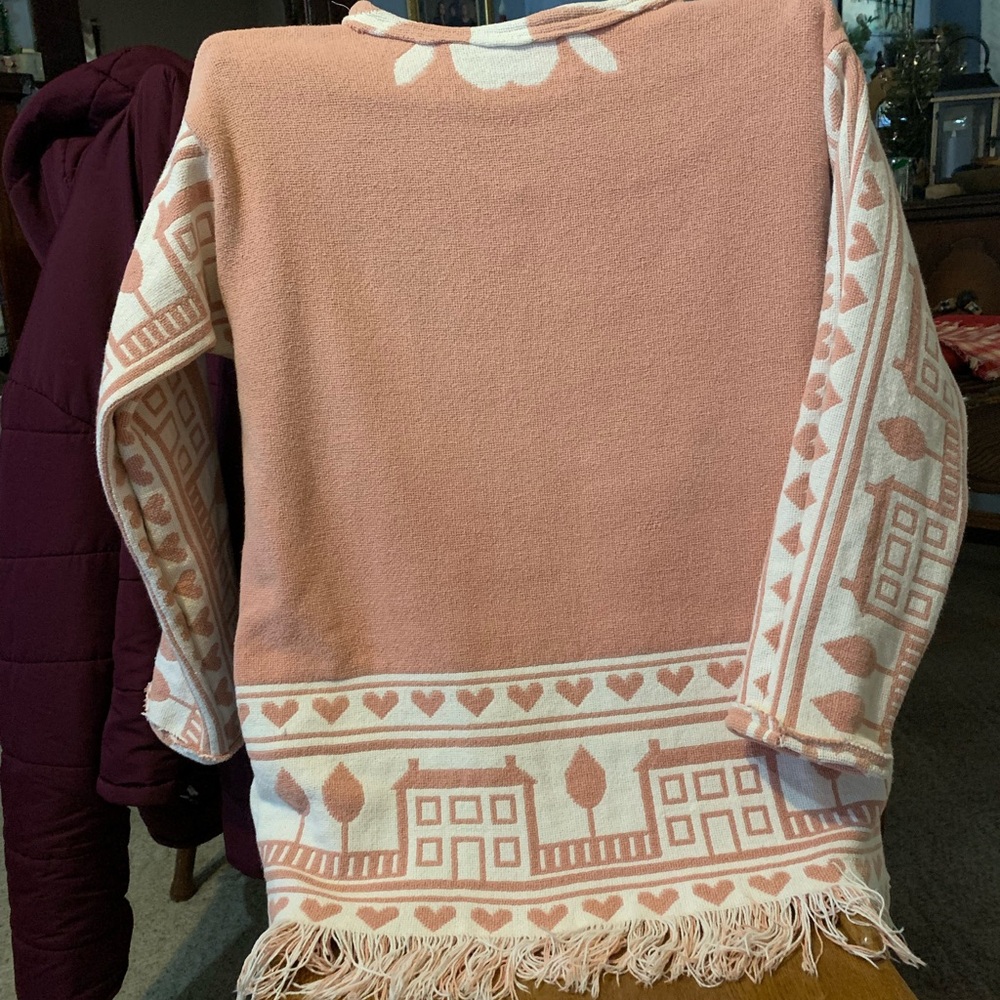 Cozy Pink and Cream Sweater up cycled from a vintage throw. Est size ladies M-L